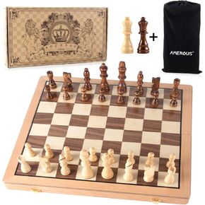 AMEROUS Magnetic Wooden Chess Set, 15 Inches Handmade Wooden Folding Travel Chess Board Game Sets with Chessmen Storage Slots for Kids and Adults, 2 Bonus Extra Queens, Gift Box Packed