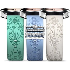 Bands for Samsung Galaxy Watch 6/5/4 Band 40mm 44mm with Charms, 20mm Women Flower Engraved Silicone Replacement Strap for Galaxy Watch 5 Pro/Galaxy Watch 3/Galaxy Active 2/Watch 4 Classic