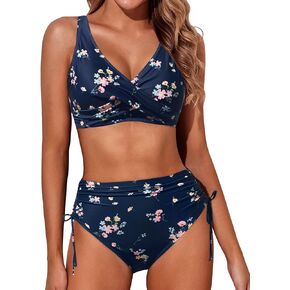Aqua Eve Women High Waisted Bikini Twist Front Swimsuits Lace up Bikini Tops Ruched Push up 2 Piece Bathing Suits