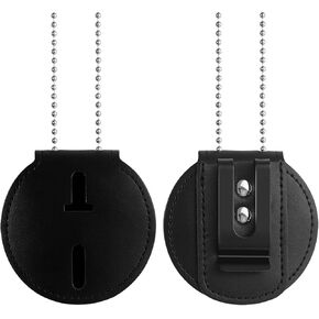 Police Badge Holder, Cowhide Law Enforcement Badge Holder, Universal Badge Holders Belt Clip with Stationary Metal Clip and Chain for Officer Gifts,Black,Circular