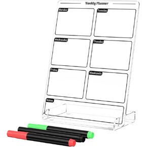 Acrylic Planning Board with Storage Base, Mini Whiteboard for Desk, Small Dry Erase Board with Weekly Planner Menu, Reusable Desk Notepad for Home, Office, School, Accessories Included, White
