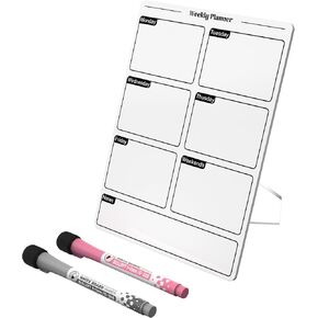 لوح تخطيط أكريليك مع قاعدة تخزين، سبورة بيضاء صغيرة للمكتب، لوحة مسح صغيرة جافة مع قائمة مخطط أسبوعية، مفكرة مكتبية قابلة لإعادة الاستخدام للمنزل والمكتب والمدرسة، تتضمن الملحقات، أبيض in Kuwait