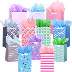 OUTUXED 12pcs Paper Gift Bags with Tissue Paper Assorted Sizes Gift Bags with Different Designs Bulk (5 Medium 9.8", 4 Large 11.8", 3 Extra Large 13.8") for Birthday, Baby Showers, Party, Wedding