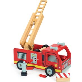 Mentari Toys - Red Fire Engine - Wooden Toy with Extendable Ladder and Wind-Up Hose - Interactive Truck for Imaginative Play - Boosts Fine Motor Skills and Problem-Solving in Toddlers - Age 3+
