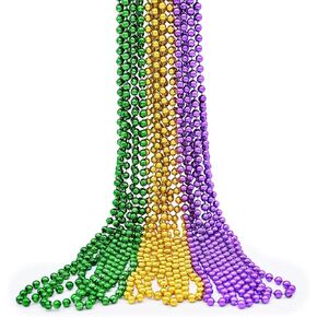 12 Pcs 33" Mardi Gras Beads Necklace - 7mm Gold Green Purple Plastic Necklaces Bundle for Mardi Gras Costume, St Patrick's Day Decorations