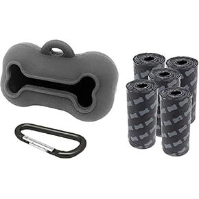 5 Rolls Portable Silicone Bone Shape Dog Poop Bags with Dispenser - Plastic Dog Pooper Bags Holders Refills Trash Can - Dog Pooper Scoopers & Bags for Outdoor Leash Travel (Grey)