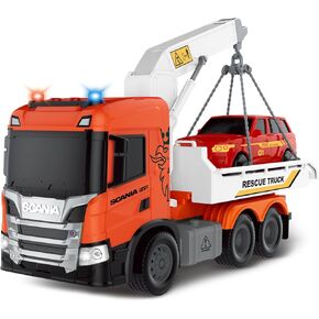 Tow Truck Toy, Scania 10“ Friction Powered Transport Truck Crane Vehicle Toy with Racing Car, Lights and Sounds for Toddler Boys Girls