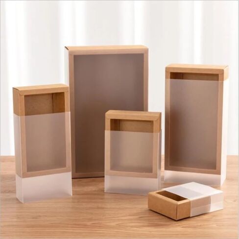 10Packs Rectangle Kraft Paper Box with PVC Window For Wedding ,Birthday Party,Jewelry, Candy Cookies Clear Boxes Decorative Gift Packaging (Kraft paper box+matt pvc,Inner Size: 9*6*4cm Outer in Saudi Arabia