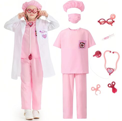 Kids Scrubs for Girls Kids Doctor Costume 7pcs Play Kits with Costume and Accessories for Halloween Parties in Saudi Arabia