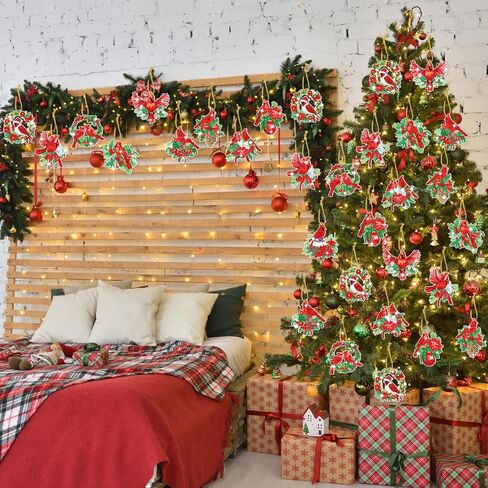 Skylety 20 قطعة من زخارف لوحة ألماس عيد الميلاد DIY لعيد الميلاد الأحمر الكاردينال الماسي للطائر سلسلة مفاتيح لشجرة عيد الميلاد معلقة يدويًا علامات لف الهدايا لتزيين العطلات in Saudi Arabia