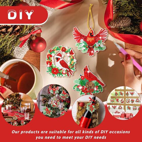 Skylety 20 قطعة من زخارف لوحة ألماس عيد الميلاد DIY لعيد الميلاد الأحمر الكاردينال الماسي للطائر سلسلة مفاتيح لشجرة عيد الميلاد معلقة يدويًا علامات لف الهدايا لتزيين العطلات in Saudi Arabia