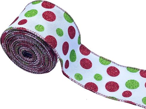 Green Red Polka Dot Ribbon Decorations for Christmas Tree, Xmas Glitter White Wired Ribbon for Gift Wrapping DIY Crafts Farmhouse Home Garland Wreath Party Decor, 2.5" x 10 Yard x 1 Roll in Saudi Arabia