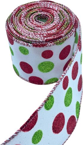 Green Red Polka Dot Ribbon Decorations for Christmas Tree, Xmas Glitter White Wired Ribbon for Gift Wrapping DIY Crafts Farmhouse Home Garland Wreath Party Decor, 2.5" x 10 Yard x 1 Roll in Saudi Arabia