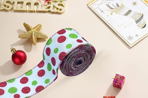 Green Red Polka Dot Ribbon Decorations for Christmas Tree, Xmas Glitter White Wired Ribbon for Gift Wrapping DIY Crafts Farmhouse Home Garland Wreath Party Decor, 2.5" x 10 Yard x 1 Roll in Saudi Arabia