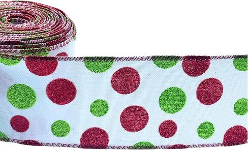 Green Red Polka Dot Ribbon Decorations for Christmas Tree, Xmas Glitter White Wired Ribbon for Gift Wrapping DIY Crafts Farmhouse Home Garland Wreath Party Decor, 2.5" x 10 Yard x 1 Roll in Saudi Arabia