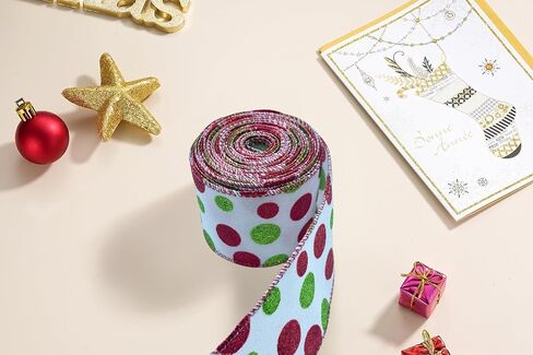 Green Red Polka Dot Ribbon Decorations for Christmas Tree, Xmas Glitter White Wired Ribbon for Gift Wrapping DIY Crafts Farmhouse Home Garland Wreath Party Decor, 2.5" x 10 Yard x 1 Roll in Saudi Arabia