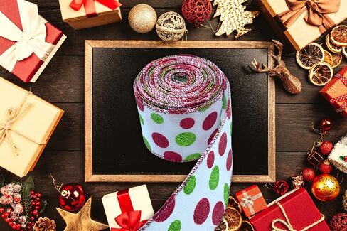 Green Red Polka Dot Ribbon Decorations for Christmas Tree, Xmas Glitter White Wired Ribbon for Gift Wrapping DIY Crafts Farmhouse Home Garland Wreath Party Decor, 2.5" x 10 Yard x 1 Roll in Saudi Arabia