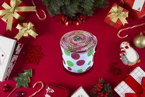Green Red Polka Dot Ribbon Decorations for Christmas Tree, Xmas Glitter White Wired Ribbon for Gift Wrapping DIY Crafts Farmhouse Home Garland Wreath Party Decor, 2.5" x 10 Yard x 1 Roll in Saudi Arabia
