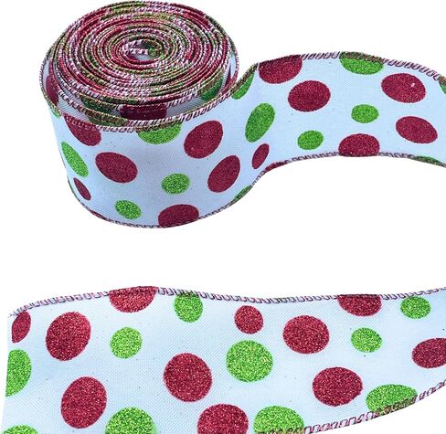 Green Red Polka Dot Ribbon Decorations for Christmas Tree, Xmas Glitter White Wired Ribbon for Gift Wrapping DIY Crafts Farmhouse Home Garland Wreath Party Decor, 2.5" x 10 Yard x 1 Roll in Saudi Arabia