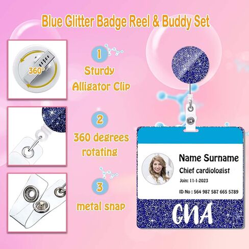 CNA Badge Buddy and Badge Reel Set Horizontal CNA Badge Card Holder Glitter Nurse Purple Badge Buddies Badge Cards Badge Reels Retractable Acrylic Bling Nursing Gifts Medical ID Card PL527L in Kuwait