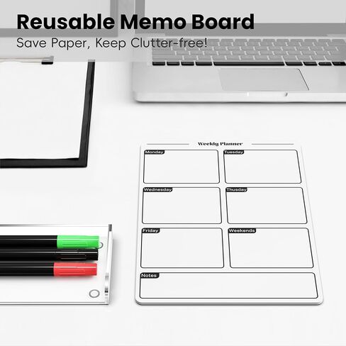 Acrylic Planning Board with Storage Base, Mini Whiteboard for Desk, Small Dry Erase Board with Weekly Planner Menu, Reusable Desk Notepad for Home, Office, School, Accessories Included, White in Kuwait