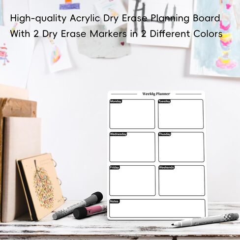 لوح تخطيط أكريليك مع قاعدة تخزين، سبورة بيضاء صغيرة للمكتب، لوحة مسح صغيرة جافة مع قائمة مخطط أسبوعية، مفكرة مكتبية قابلة لإعادة الاستخدام للمنزل والمكتب والمدرسة، تتضمن الملحقات، أبيض in Kuwait