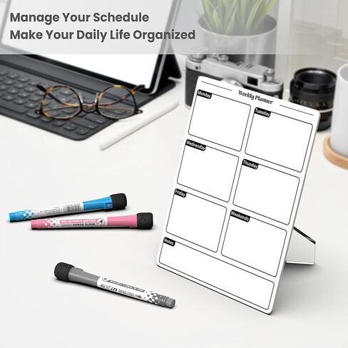 لوح تخطيط أكريليك مع قاعدة تخزين، سبورة بيضاء صغيرة للمكتب، لوحة مسح صغيرة جافة مع قائمة مخطط أسبوعية، مفكرة مكتبية قابلة لإعادة الاستخدام للمنزل والمكتب والمدرسة، تتضمن الملحقات، أبيض in Kuwait