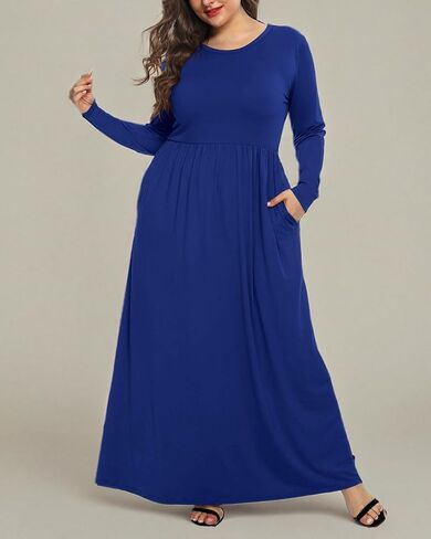 KARALIN Women's Plus Size Long Sleeve Loose Plain Casual Long Maxi Dresses with Pockets in Kuwait