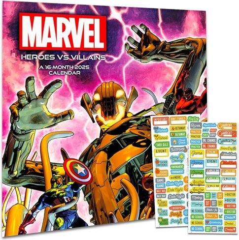 Marvel Heroes and Villains Calendar 2025 - Deluxe 2025 Marvel Superhero Wall Calendar Bundle Featuring Avengers and X-Men Plus Over 100 Calendar Stickers (MCU Gifts, Office Supplies) in Saudi Arabia