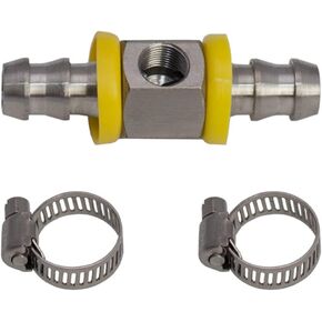 GlowShift 3/8" Fuel Line Fuel Pressure Barbed Push Lock T-Fitting Adapter - 1/8-27 NPT Sensor Port - 304 Stainless Steel - Fits Hose with 9.5mm ID Inner Diameter - Includes Clamps