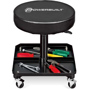 Powerbuilt Rolling Seat, Height-Adjustable Garage Stool with Tool Tray, Smooth and Padded for Car Repair, Detailing, Comfort - 640834, Black
