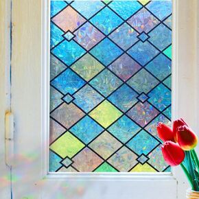 Jahoot Stained Glass Window Film, Window Cling Privacy Film, Colorful Lattice Window Tint Decorative Rainbow Glass Decals Stickers Sun Catchers for Home Anti UV Heat Block 35.4 x 157.4 inches