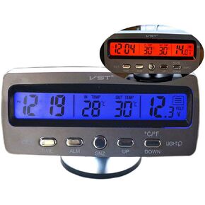 Car Clock Thermometer Voltmeter Gauge Calendar 4 in 1, 12V Multiple Function Internal and Outer Car Digital Thermometer Rainproof, Celsius or Fahrenheit Temperature Gauge, Calendar LCD (Blue Orange)