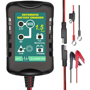 Battery Charger Automatic 6V 12V 1.5A, Trickle Charger Suitable for AGM Gel SLA VRLA Flood Lead-Acid Batteries, Starting Batteries for Auto Car Motorcycle, Dual Voltage Output Detection and Repair