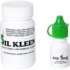 Bundle of 2 items: Sil Kleen DRY Powder Pool Cue Shaft and Ferrule Cleaner 1 oz Bottle and Cue Silk Pool Cue Shaft Conditioner ¼ oz Bottle