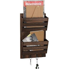 Mail Holder for Wall, Wooden Mail Sorter with 4 Key Hooks, 2 Slot Wall Mounted Mail Sorter Letter Bills Newspaper Magazine Organizer for Entryroom Hallway Office Garage, Rustic Brown