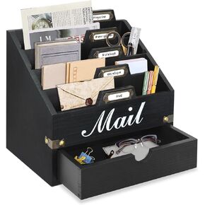 Wood Mail Organizer Countertop, Desktop Mail Organizer with 4 Compartments and Drawer, Mail Holder File Organizer Wall Mount, Desk Accessories & Workspace Organizers, File Paper Holder