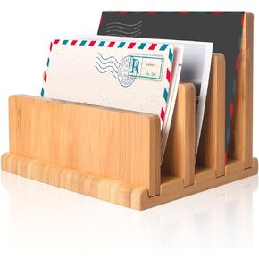 wishacc Bamboo Mail Organizer with Rubber Feets, Vertical Desk Letter/Envelope/File/Paper/Folder/Bill Holder for Office & Home, Small 3 Sections Desktop Office Supplies Incline Sorter Rack