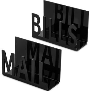 2 Pieces Acrylic Mail Bills Holders Mail Countertop Organizer Hollow Mail Sorter Letter Holder Decorative Bill and Mail Holder Desk Vertical Envelope Holder, Black