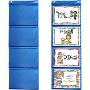Mewise Pocket Chart for Classroom Cards,Drawing,Pictures,Class Demonstrations,Haning Bags for Classroom (4 Pockets)