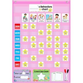 Behavior Pocket Chart - Reward Star Chore Chart for Toddlers at Home and School - Daily Responsibility Chart, Hanging Option -Designed by Real Mom &Teacher for Positive Parenting (Blue)