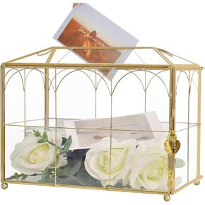 Glass Wedding Card Box with Slot, 10.2 x 5.9 x 7.9 Inches Handmade Vintage Gold Wedding Card Boxes for Reception, Keepsake, Baby Shower, Graduation, Party Decorative Box