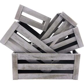 KMwares Set of 5 Vintage Rustic White Grey Wood Decorative Nesting Storage Crates with Open Handles - Multipurpose Wood Crafted Boxes/Bathroom Kitchen,Laundry Crates/Fruits & Vegetables Boxes