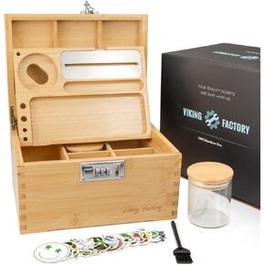 Large Bamboo Box Tray Set with Combination Lock，Lockable Home Decorative Box Black, Upgrade Tray | Glass Jars | Accessory Tool