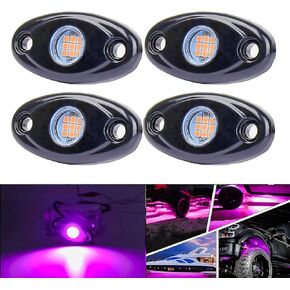 Purple Pink LED Rock Lights with 4 Pods Neon 12V Underglow Underbody Kit Crawler Crawling Dome Exterior Wheel Lamp Compatible for ATV RZR UTV SUV Off-Road Auto Boat Motorcycle Trail Rig Fender