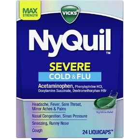Vicks NyQuil Severe Cold, Flu, & Congestion Medicine, 24 Liquicaps, Maximum Strength, 24Count