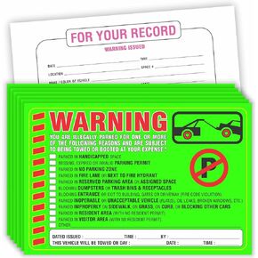 Parking Violation Stickers Notice (Pack of 50) Tow Warning You are Illegally Parked Multi Reasons - Large Size 6" X 9" – Green