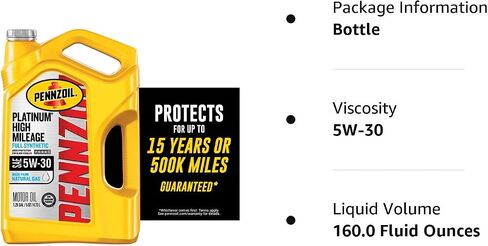 زيت محرك Pennzoil Platinum اصطناعي كامل الأميال 5W-30 للمركبات التي يزيد طولها عن 75 ألف ميل (5 كوارت، فردي) in Saudi Arabia