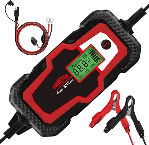 BAIDETEK 6V/12V 4A شاحن بطارية السيارة، صيانة البطارية التلقائية، شاحن ذكي لبطارية السيارة، الدراجة النارية، بطارية ليثيوم LifePO4، ATV، القارب، الشاحنة، بطارية حمض الرصاص لجزازة العشب in Kuwait