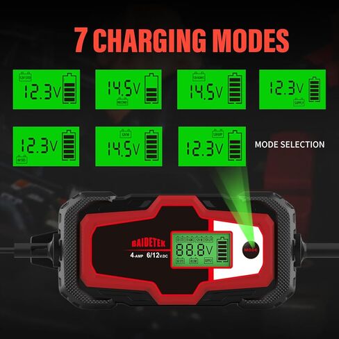 BAIDETEK 6V/12V 4A شاحن بطارية السيارة، صيانة البطارية التلقائية، شاحن ذكي لبطارية السيارة، الدراجة النارية، بطارية ليثيوم LifePO4، ATV، القارب، الشاحنة، بطارية حمض الرصاص لجزازة العشب in Kuwait